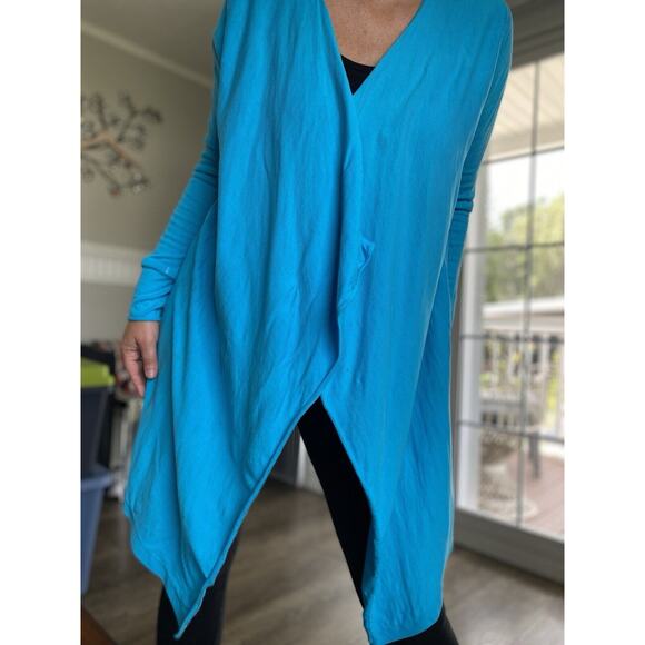 TORY BURCH Cardigan Blue Long Sleeve Open Front Draped Sweater L - Picture 1 of 12